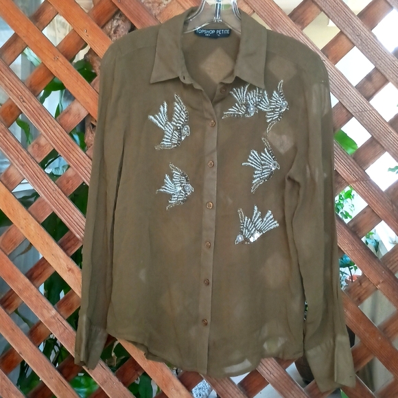 Topshop Beaded Sequined Silver Embroidered Birds Blouse Brown Crepe 2 Petite - Picture 1 of 7